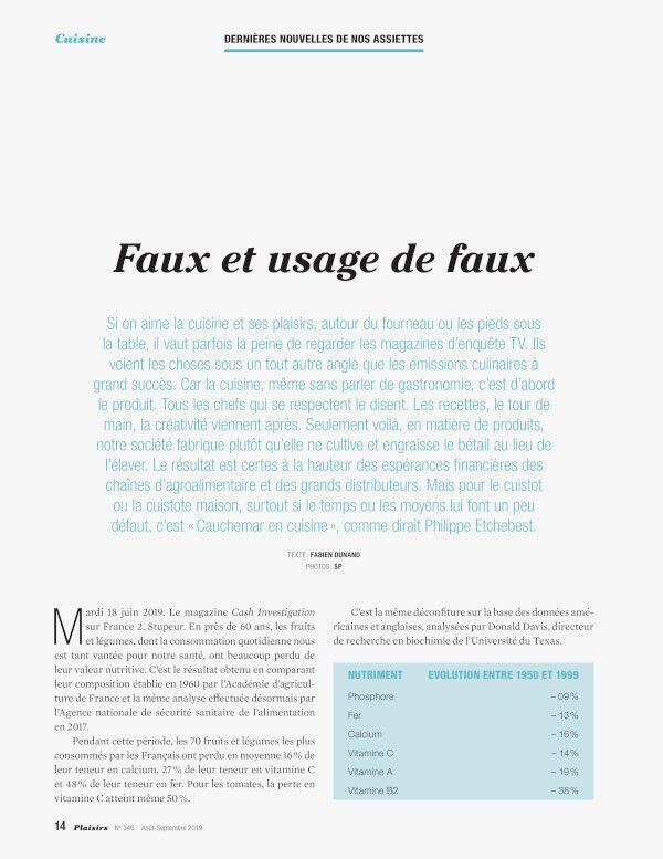 Dernières nouvelles de nos assiettes: "Faux et usage de faux" - Plaisirs No 346 août-septembre 2019
